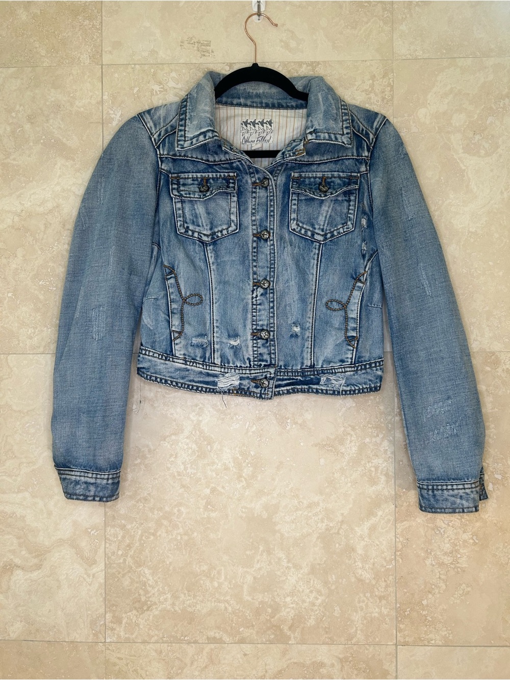 Others Follow Light Wash Distressed Denim Jacket - Small